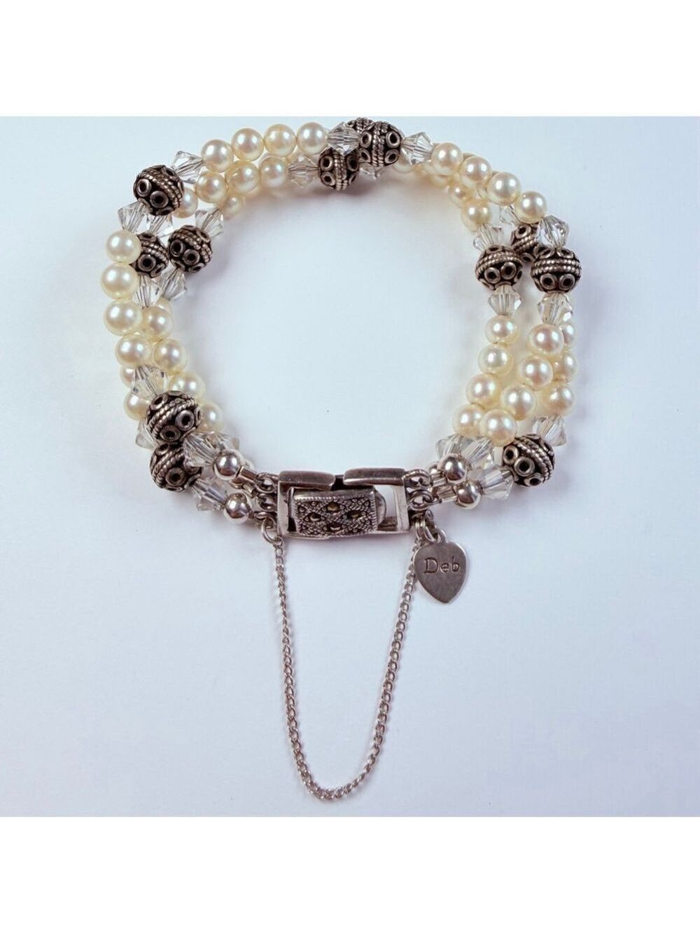 Deb Guyot Natural Pearl Crystal & Sterling Silver 925 Three Strand VTG Bracelet